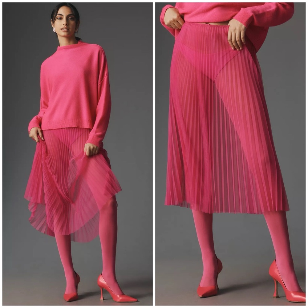 By Anthropologie Sunburst Pleated Sheer Midi Skirt in Pink Size XXS